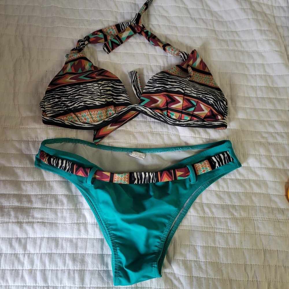 Bicho de Praia Women's GG Bikini Set Teal Abstract Print Halter Top Size L
